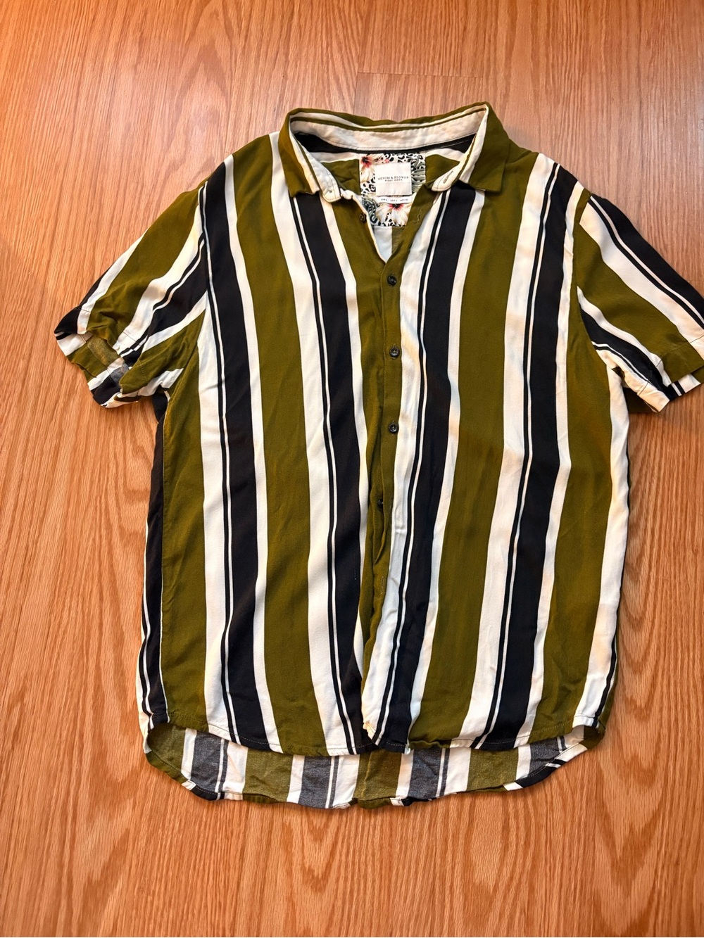 Denim & Flower Olive Green, Black & White Vertical Stripe Button-Down Top